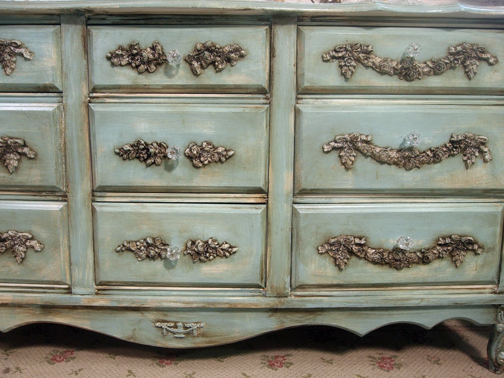 RESERVE  ROBINVintage Painted Cottage Shabby Aqua Chic Dresser  DR216