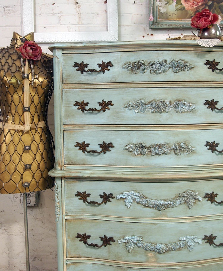 Vintage Painted Cottage Shabby Aqua Chic Dresser CH216