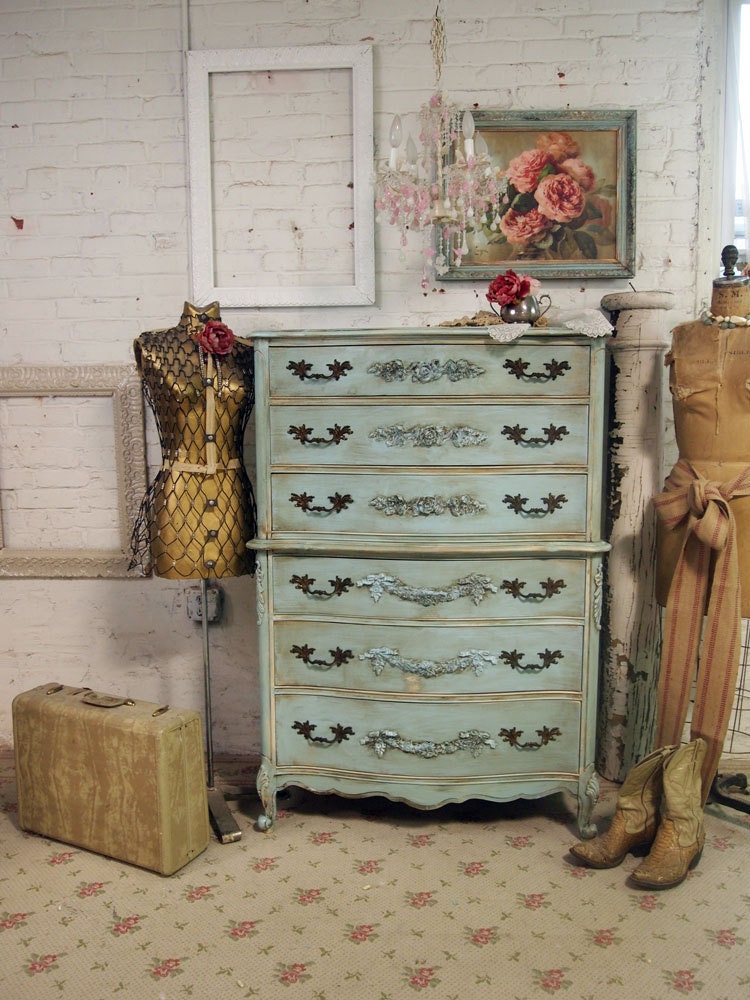 Vintage Painted Cottage Shabby Aqua Chic Dresser CH216