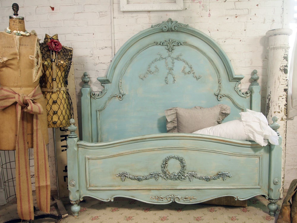 Painted Cottage Chic Shabby Aqua Queen Romance Bed BD205
