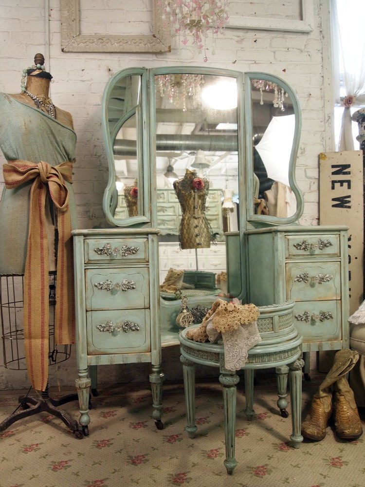 Vintage Painted Cottage Shabby Aqua Chic Vanity VAN214