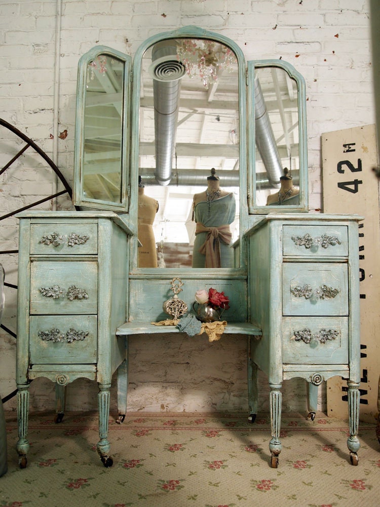 Painted Cottage Shabby Aqua Vintage Triple Mirror Vanity VAN222