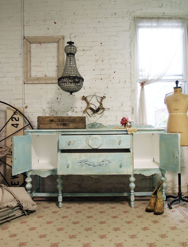 RESERVEBevPainted Cottage Chic Shabby Aqua French Server / Buffet SV265