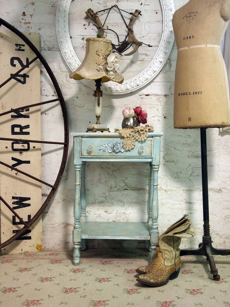 Painted Cottage Chic Shabby Aqua Night Table NT358