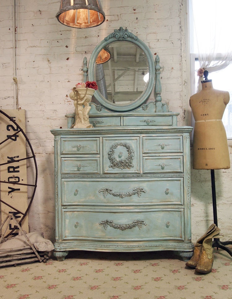 Painted Cottage Chic Shabby Aqua Romantic Dresser CH15
