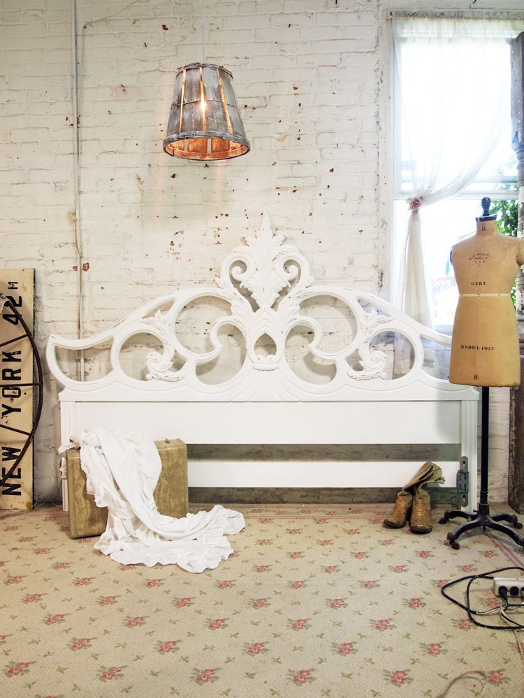 Painted Cottage Chic Shabby White French King Headboard BD401