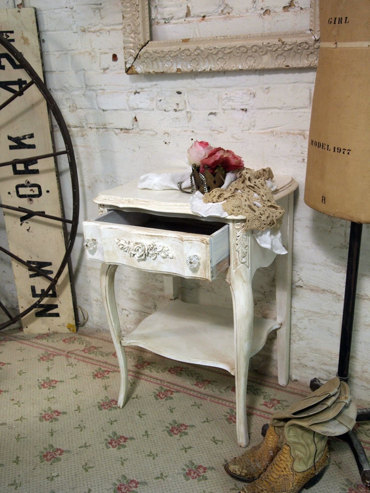 RESERVE for JULIE Painted Cottage Chic Shabby White Pair of Romantic Night Tables NT419