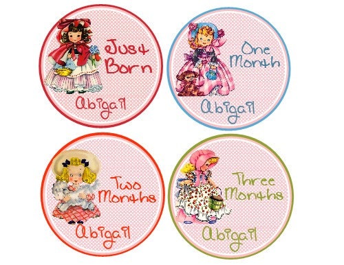 Girls Monthly Onesie Stickers - Baby Month Stickers (Vintage Nursery Rhyme)-Includes Newborn, Large 12 Mth, and Bonus Stickers-Personalized