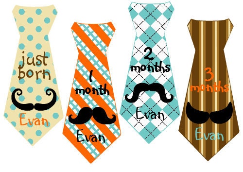 Boy Tie Baby Month Stickers Personalized (Moustache 2 Tie) - Includes Newborn and Extra-Large 12 Month Stickers - Monthly Onesie Stickers