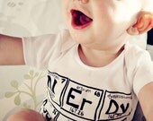 Funny baby onesie. Elements spell NERDY BABY. One piece, sizes newborn through 18 months.  you choose the color.
