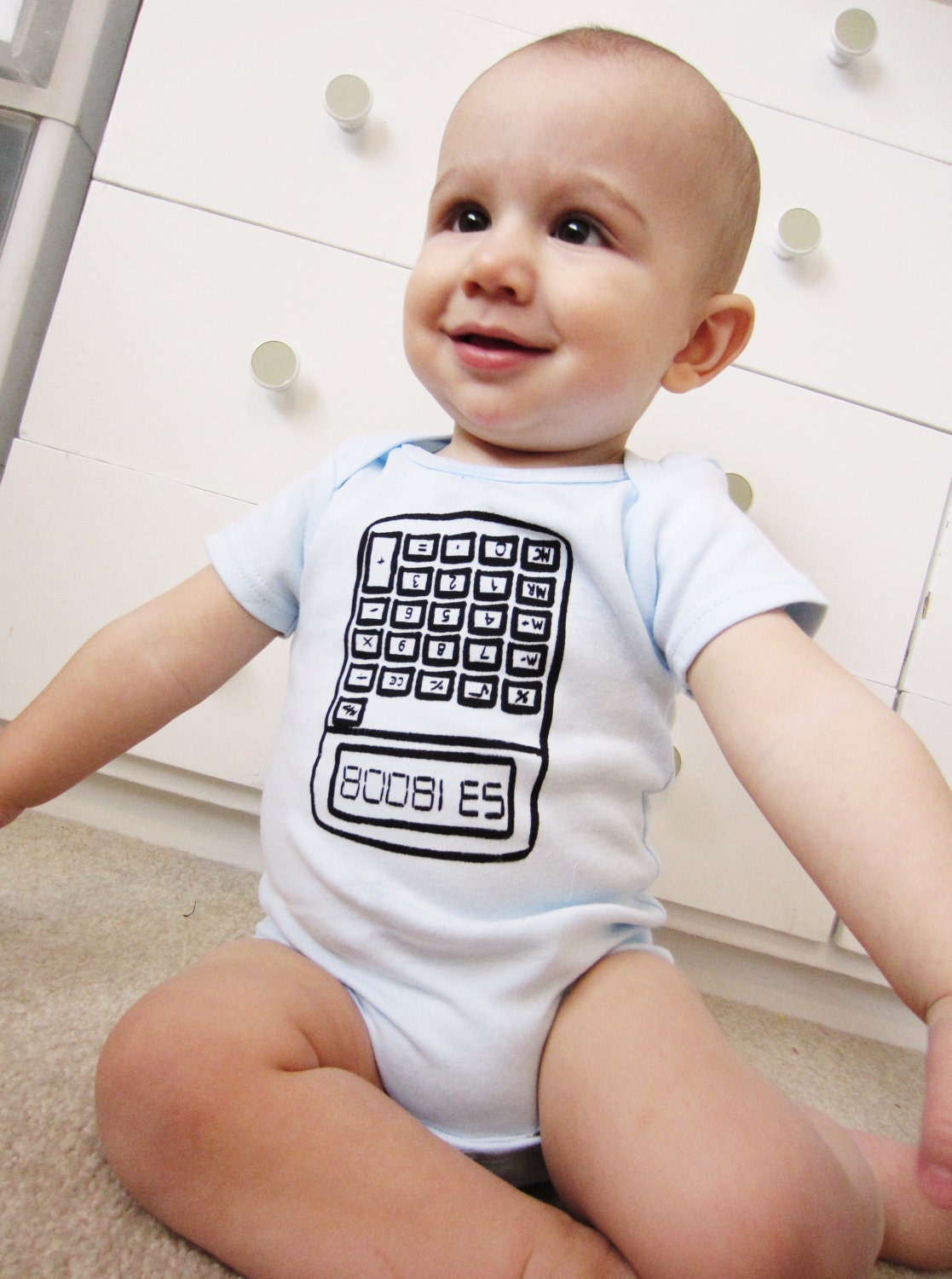 BOOBIES Calculator onesie. Baby newborn clothes. Upside down digits read BOOBIES. Funny body suit. Nerd alert.