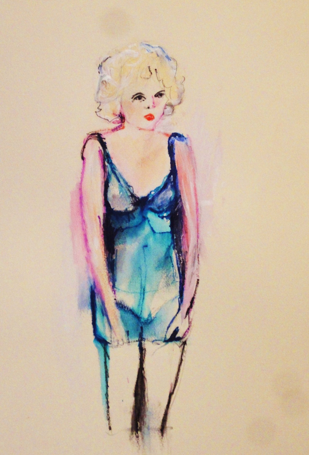 Blue Valentine Painting: Original Painting on Paper, Michelle Williams Portrait from Sexy GQ fashion shoot