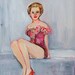 Pinup Girl Valentine: Original Painting, Retro Bathing Suit Beauty Queen in Pink Flowers