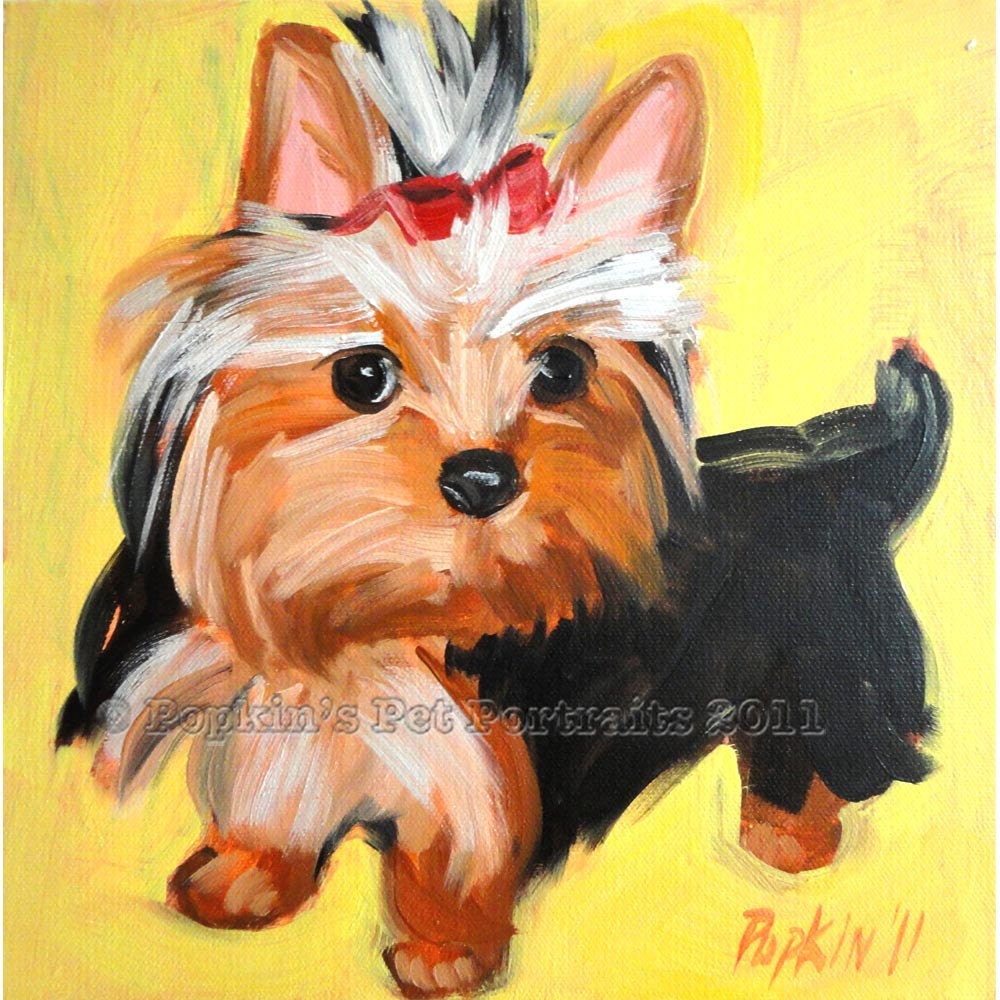 Yorkie yorkshire terrier pet portrait on yellow- Signed archival Giclee Print 8x10