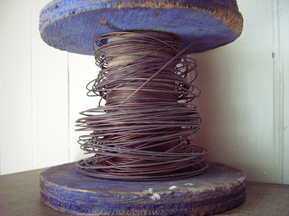 Vintage wood spool with heavy gauge copper wire - rustic large industrial size spool with gorgeous indigo / cobalt worn shabby paint finish