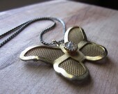 Vintage Butterfly Necklace , Vintage Brass Mesh with Crystal