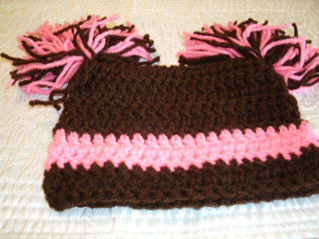 Hand Crocheted Hot Pink and Chocolate Pom Pom Hat