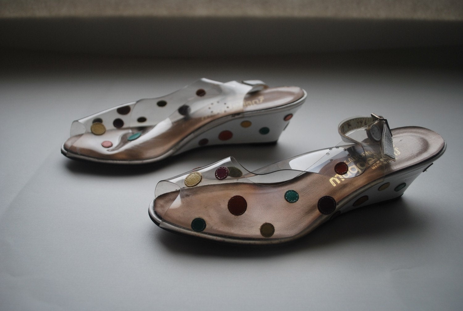 Confetti Confections .Small footed vintage wedge heels .white and color leather kitten style slip ons  .Magdesians in 6M