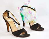Extreme Pinup Pumps .Chocolate suede sky high sexiness .covered heel .ankle straps and gold chain -womens size 5-