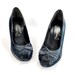 Bows At The Toes Shoe Sale .Navy Blue leather abstract bow peeptoe pumps - womens size 5 - by Caressa