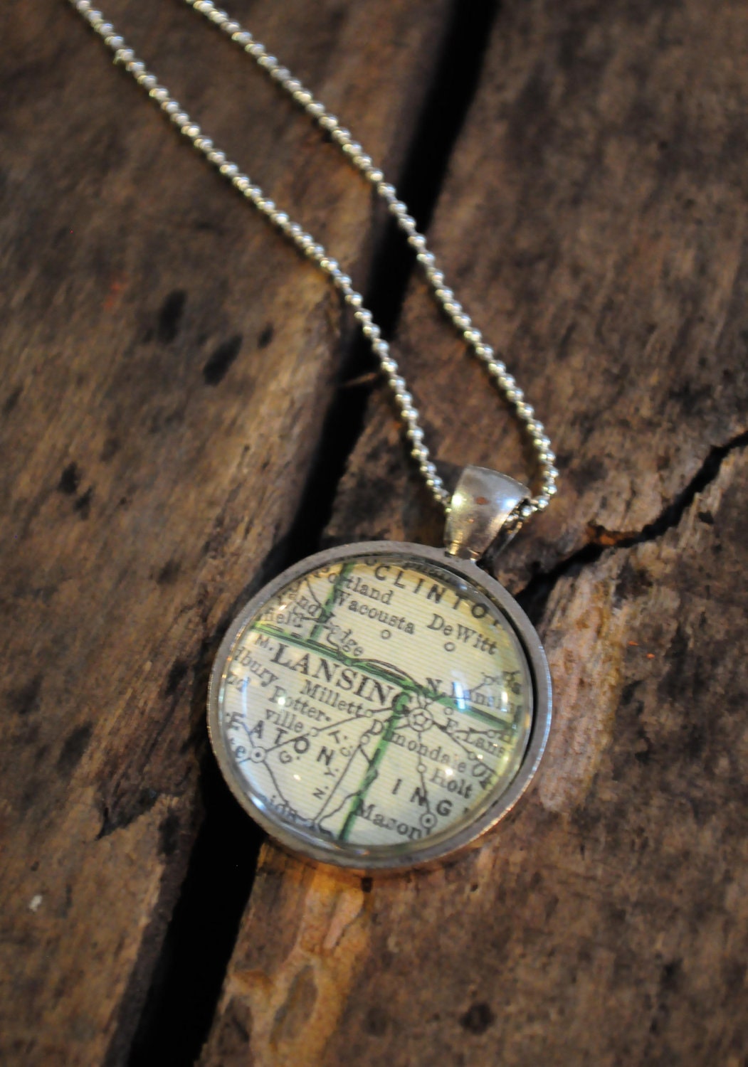 Map Pendant Necklace from Vintage Atlas Lansing Michigan