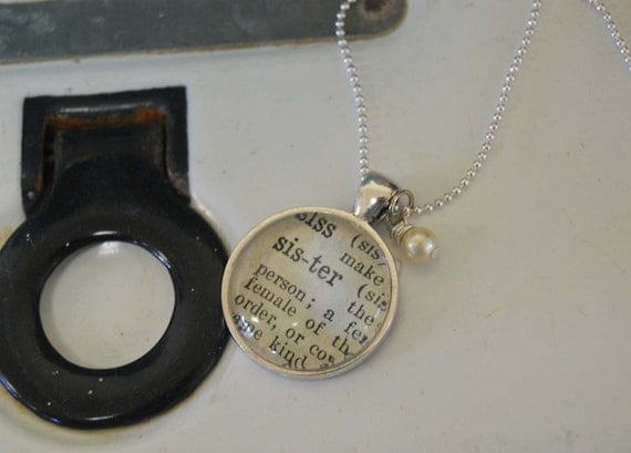 Vintage Dictionary Word Necklace Pendant Sister