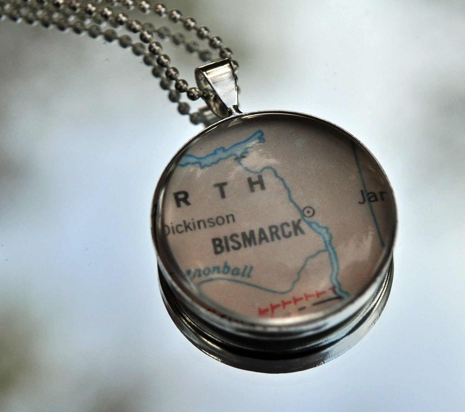 Map Pendant Necklace from Vintage Atlas Bismarck NORTH DAKOTA