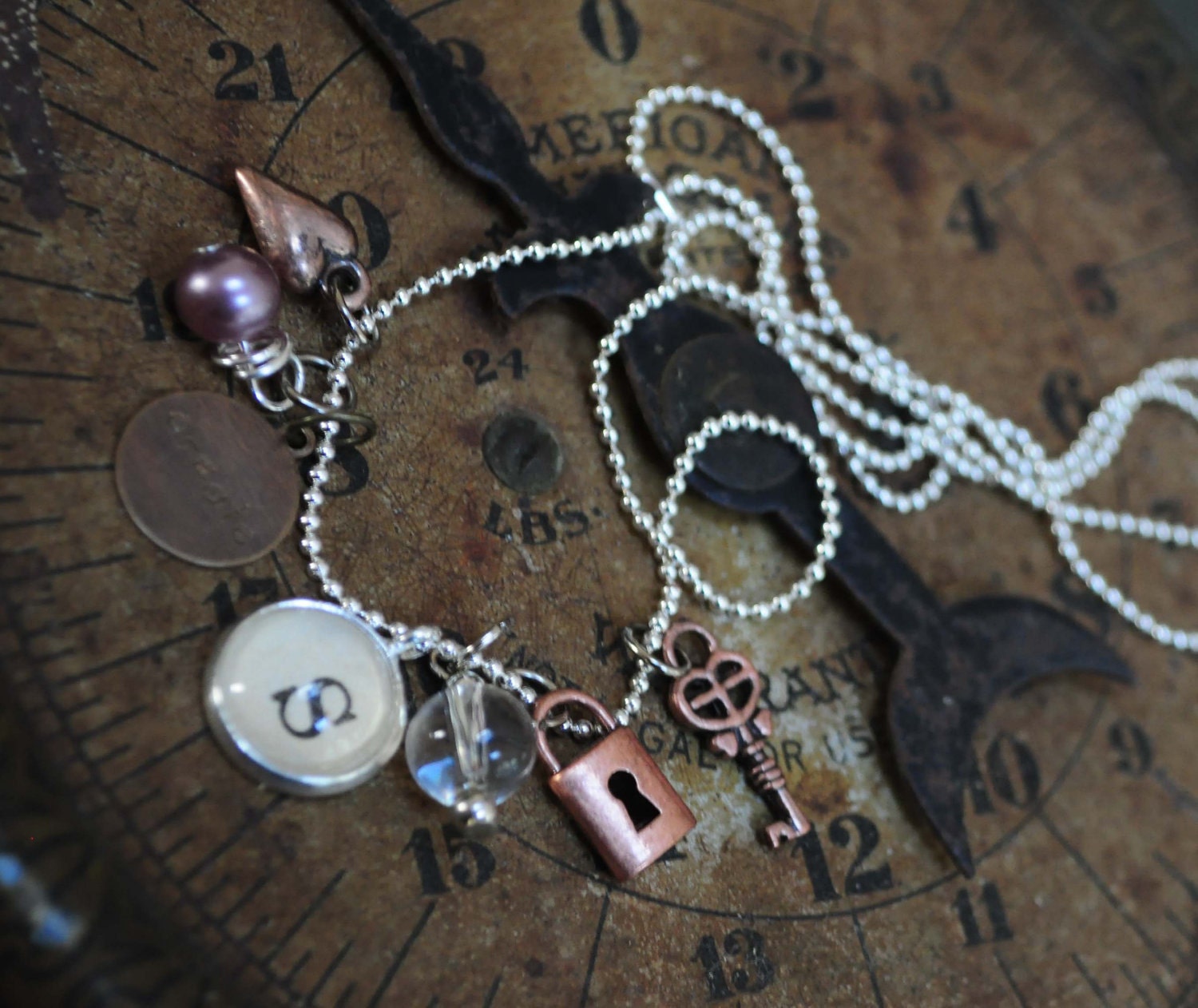 Vintage Dictionary Letter Necklace Pendant S with Charms