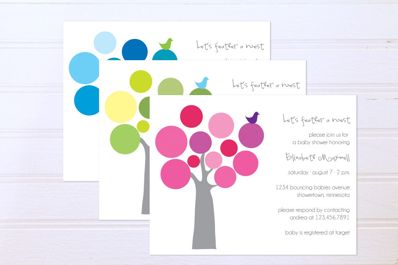 Feather a Nest Baby Boy or Girl Shower Invitations - Mod Tree and Bird - Set of 12 Gender Neutral Invites