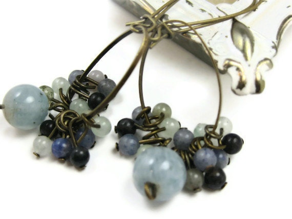 Boho Earrings, Blue Jewelry Cluster Brass Dangle Stone Beads Winter Fashion