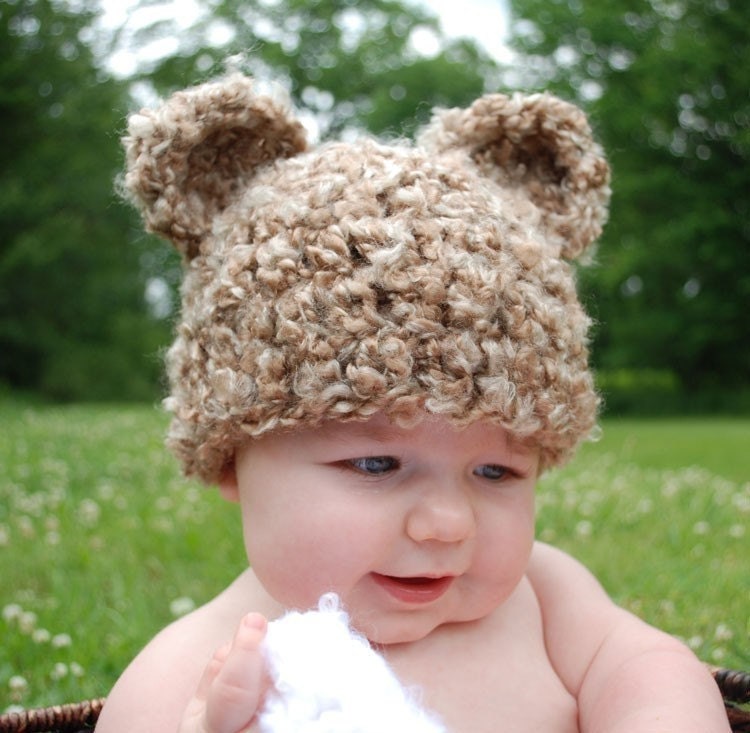 cute brown baby bear hat with ears - any size