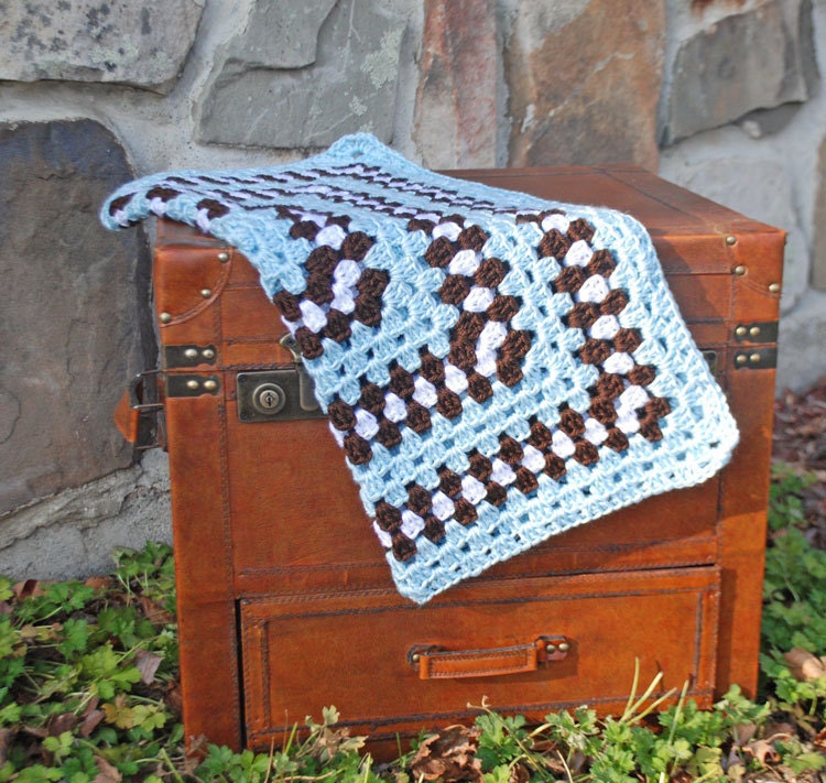 Baby Afghan Blanket - granny square design - baby blue, chocolate brown, white