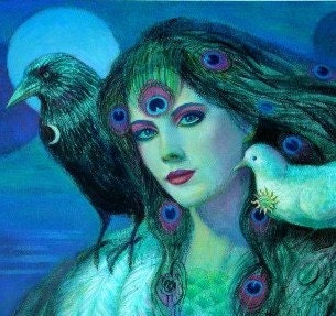 Original symbolic art Painting peacock feathers lady beautiful woman birds crow Surreal Fantasy black & blue
