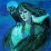 Original symbolic art Painting peacock feathers lady beautiful woman birds crow Surreal Fantasy black & blue