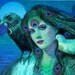 Original symbolic art Painting peacock feathers lady beautiful woman birds crow Surreal Fantasy black & blue