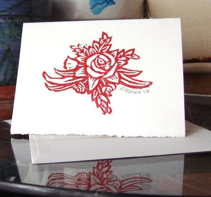 Handmade Card - Red Rose with Recycled Envelope - Medium