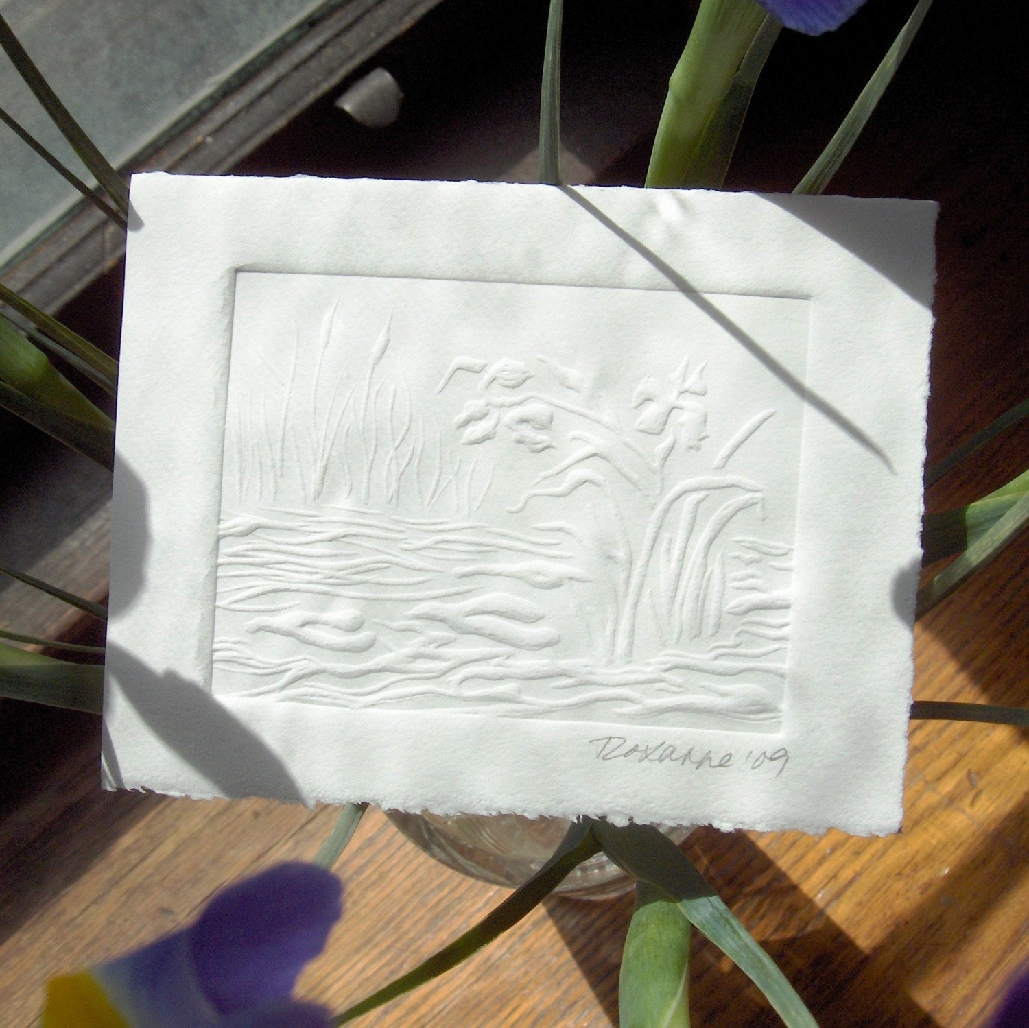 Handmade Card - Embossed Irises with Green Envelope - Small