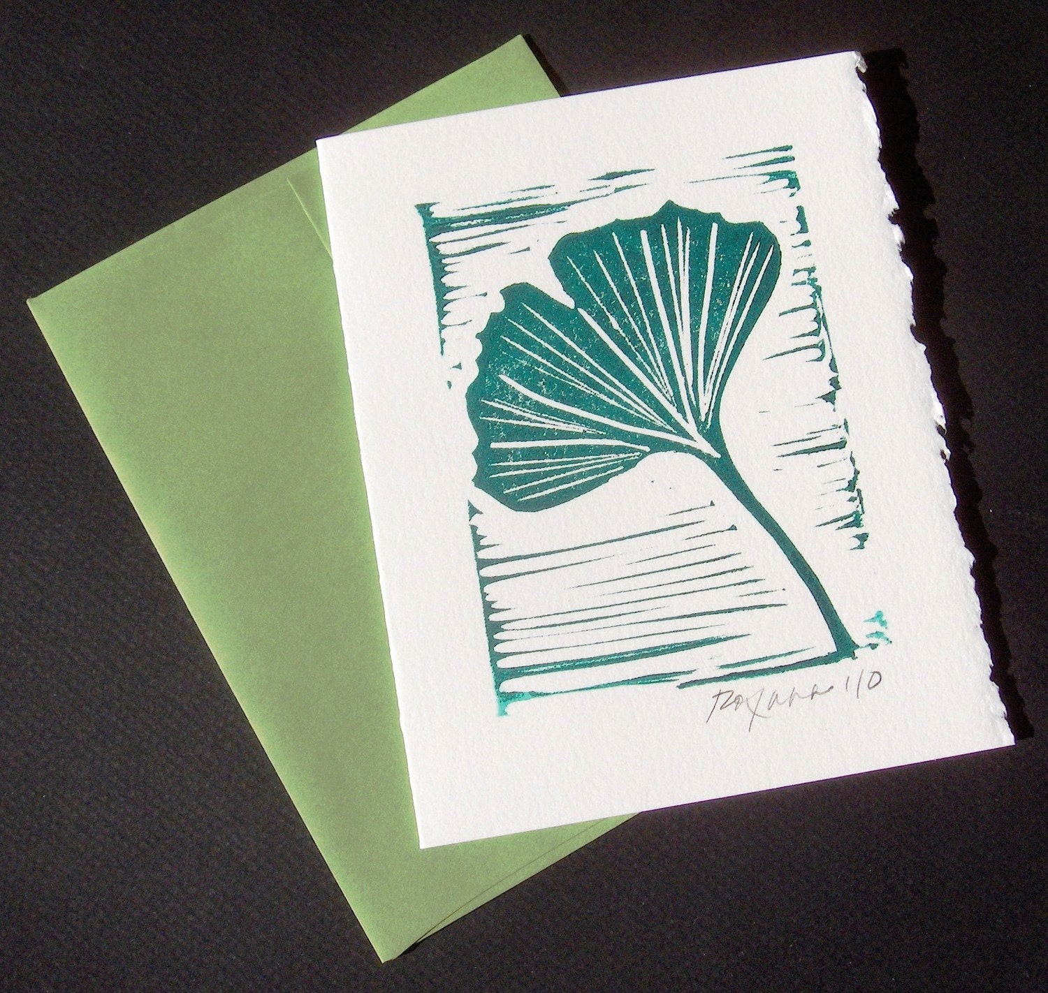 Handmade Card - Ginkgo with Green Envelope - Small