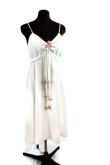 1970s white sundress, slip dress, wedding dress, pink roses, Size M, New Old Stock NOS