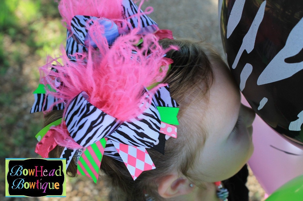 Zebra Hot Pink Lime Green Over the Top Extra Large Ostrich Puff Boutique Bow for Girls