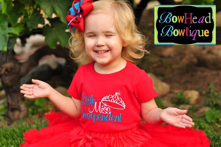 Little Miss Independent 4th of July Red Embroidered Fitted Shirt or Onesie and Matching Hair Bow Set for Girls