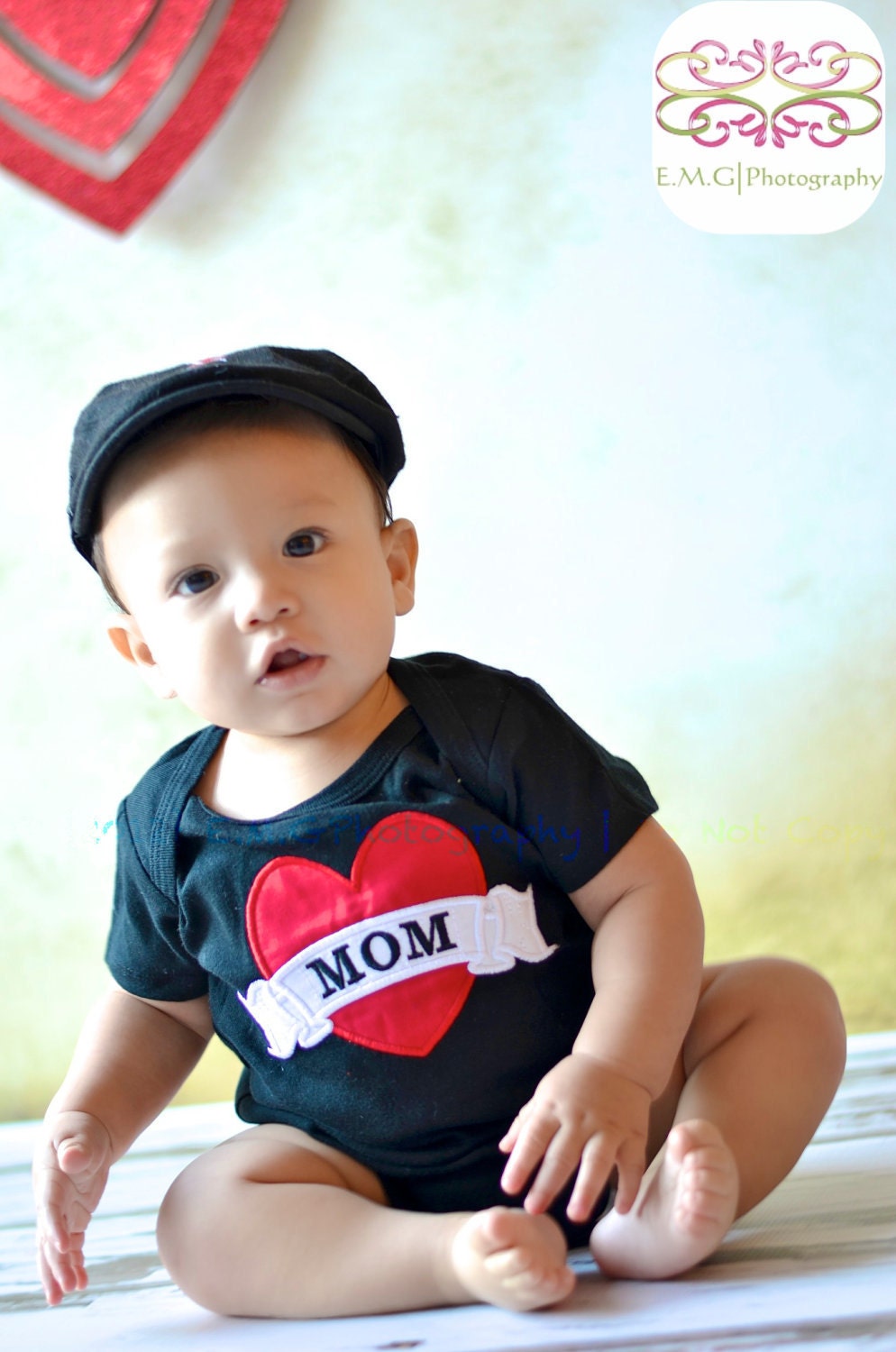 Boys Heart with Mom Applique Black T Shirt or Onesie for Baby, Toddler, or Youth