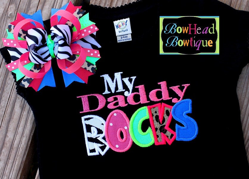 My Daddy ROCKS - Multi Fabric Boutique Applique Shirt or Onesie and Hair Bow Set for Girls