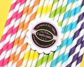 Summer GIRLS Rainbow Stripe Paper Straws - with Printable DIY Flags & Pixie Stix Recipe (30 count) Use for Cake Pops and Drink Markers