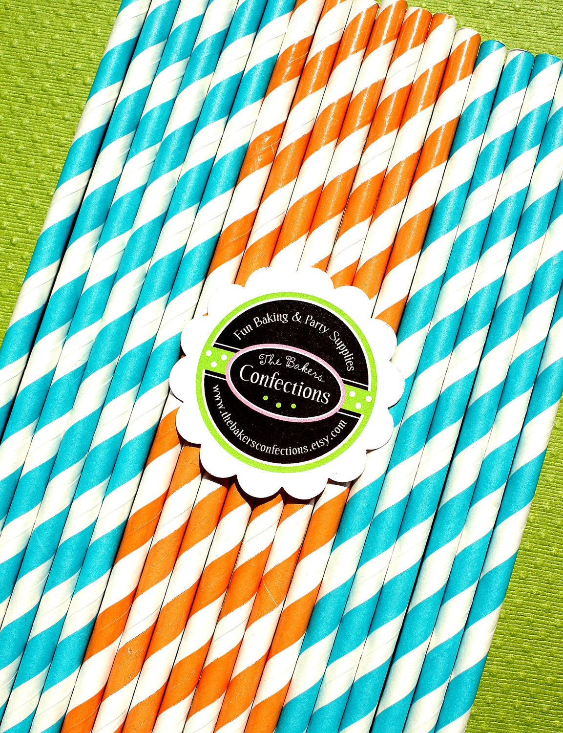 Paper Straws - Orange and Deep Aqua Stripes with Printable DIY Flag Toppers (30 count)