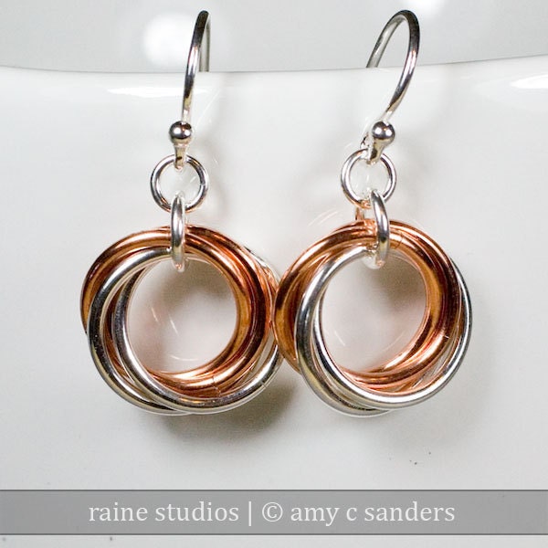 Copper Sterling Silver Infinity Love Knot Earrings Chainmaille Mobius Wedding Knot