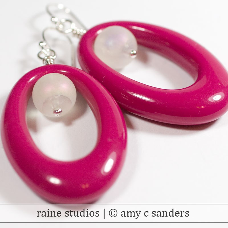 Hot Pink Oval Lucite Hoop Earrings Vintage Lucite Sterling Silver 925 Modern