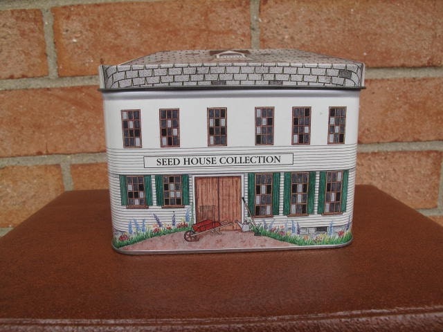Vintage Tin Seed House Collection / Figural Tin / Samplers Tin Box / Burpee Advertising House Shaped Metal Tin / Tin Tooling Made in England / Building shape container box / Historical building late Victorian frame architecture / Recycle, Upcycle, Reuse