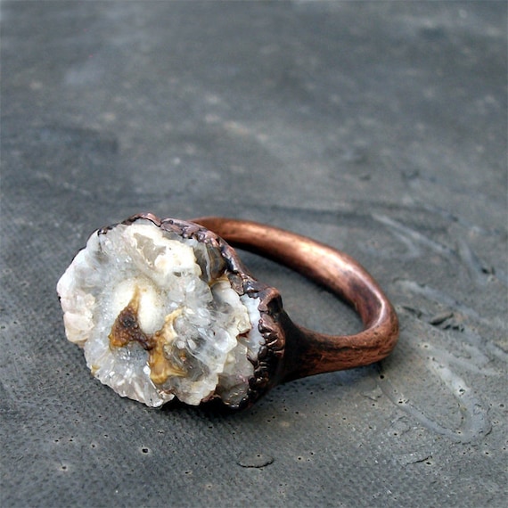 Chalcedony Copper Ring Gem Stone Chalcedony Patina Druzy Dusty Grey Gray Artisan Crystal