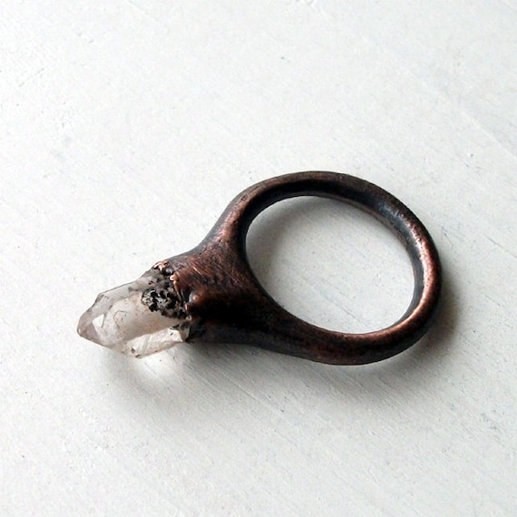 Copper Ring Phantom Quartz Raw Quartz Crystal Ice Natural Gem Stone Patina Artisan